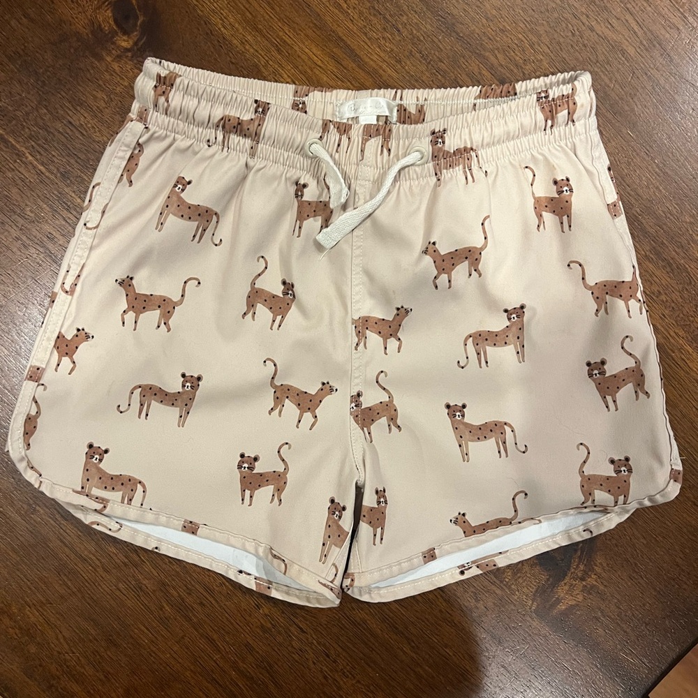 Rylee + Cru Cream and Brown Swim Trunks with Whimsical Cheetah Print